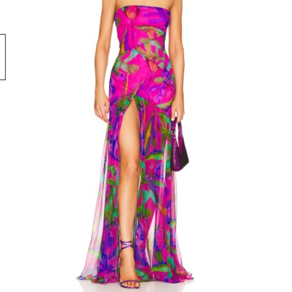 Strapless Tropical Print Maxi Dress with High Slit – Size Small – Like New